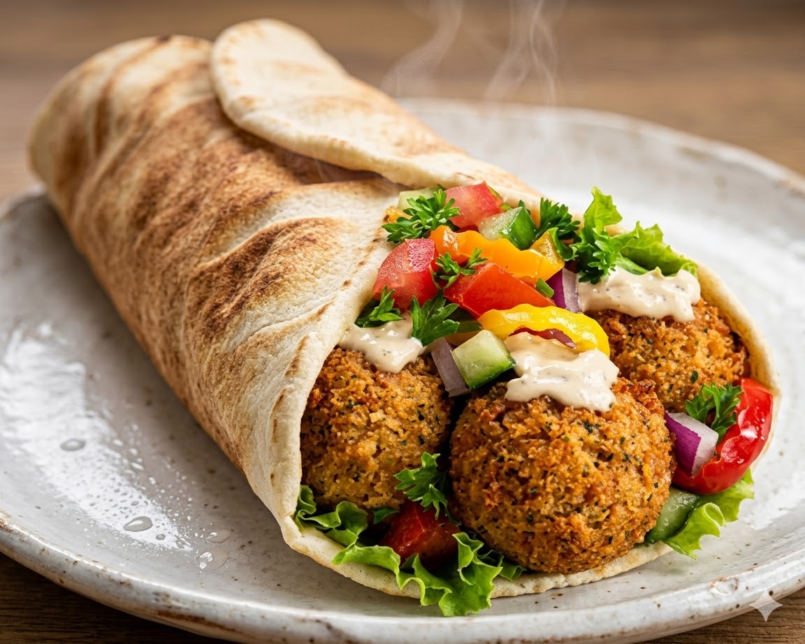Falafel wrap in warm pita with fresh vegetables and tahini sauce at Donair and Shawarma House Sherwood Park