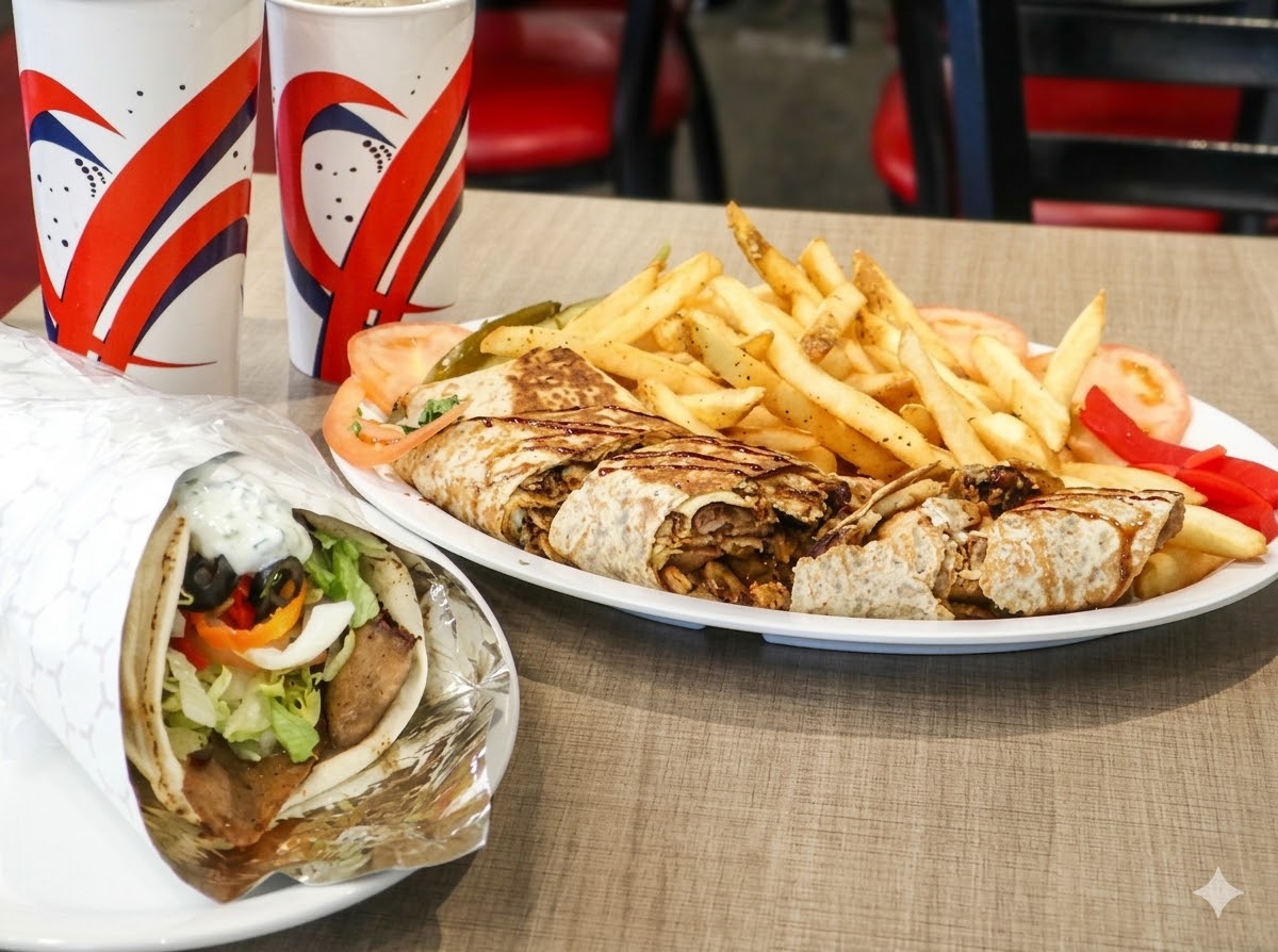 Donair wrap and shawarma platter with fries packed for takeout at Donair and Shawarma House Sherwood Park