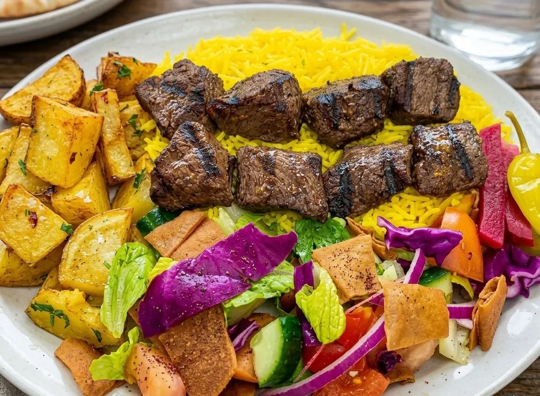 Beef kabab platter at Donair and Shawarma House Sherwood Park - marinated skewers with rice and salad