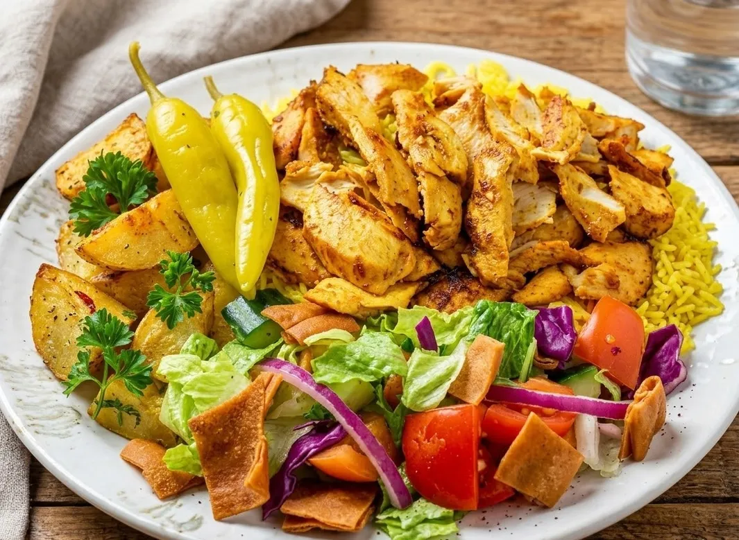 Chicken shawarma platter at Donair and Shawarma House Sherwood Park - served with hummus, rice, and salad