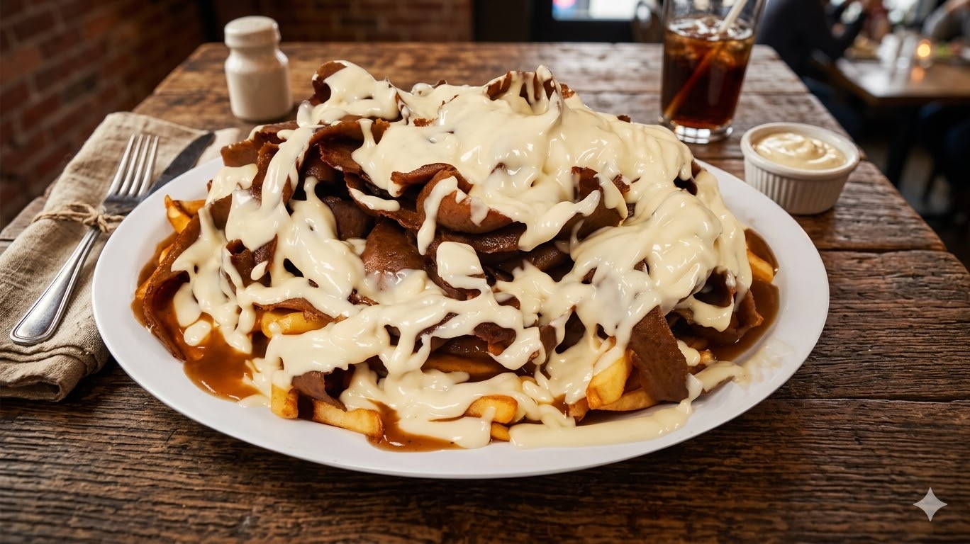 Donair poutine at Donair and Shawarma House Sherwood Park - fries and gravy loaded with donair meat and melted cheese