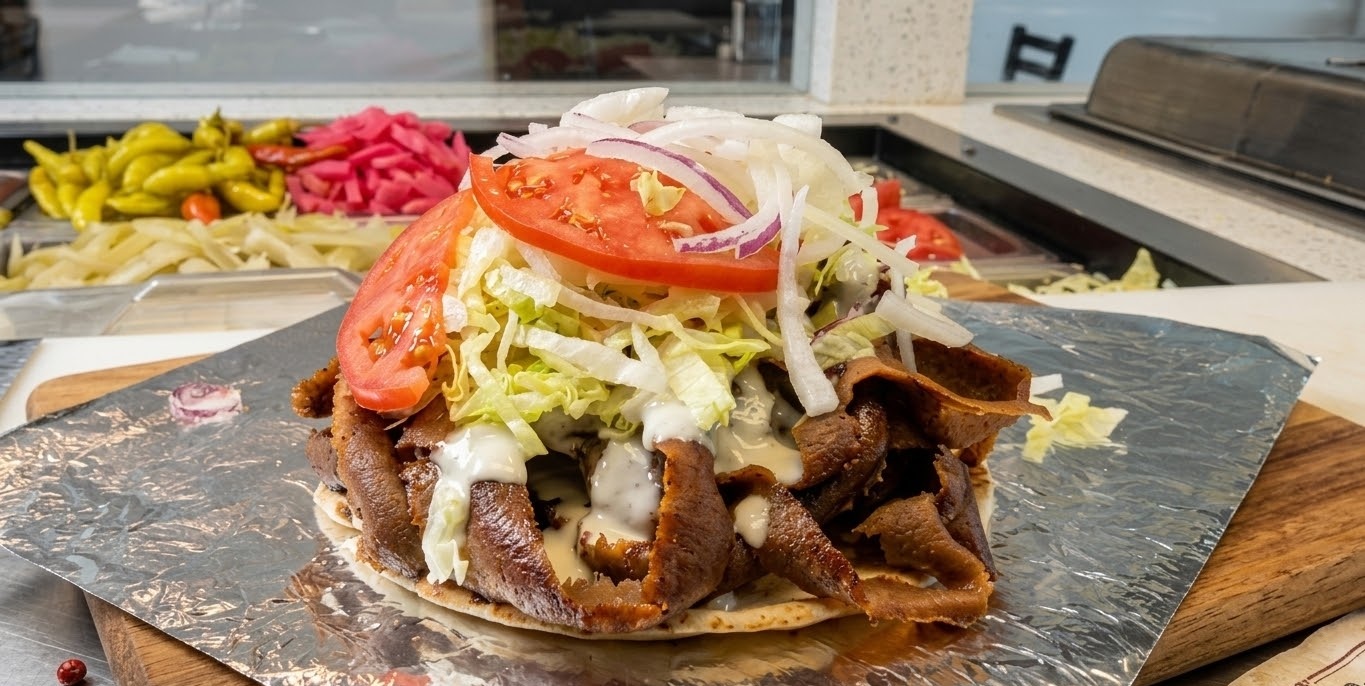 Super donair wrap at Donair and Shawarma House Sherwood Park - pita loaded with donair meat, lettuce, tomato, onion and sweet sauce