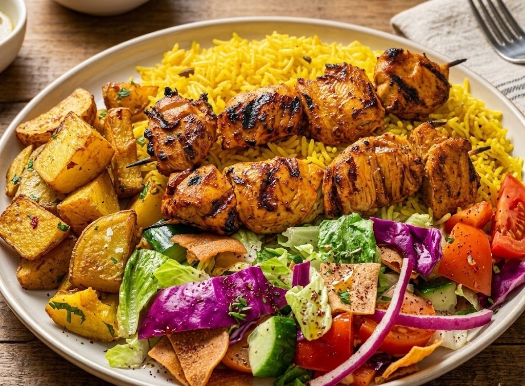 Chicken kebab platter with grilled chicken skewers, rice, garlic potatoes and fattoush salad at Donair and Shawarma House Sherwood Park