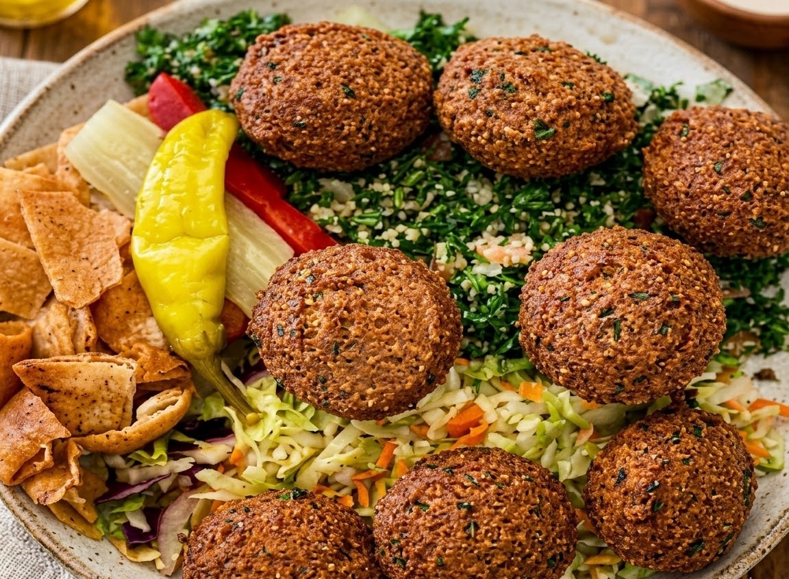 Falafel platter with house-made falafel, tabbouleh, salad and pita at Donair and Shawarma House Sherwood Park