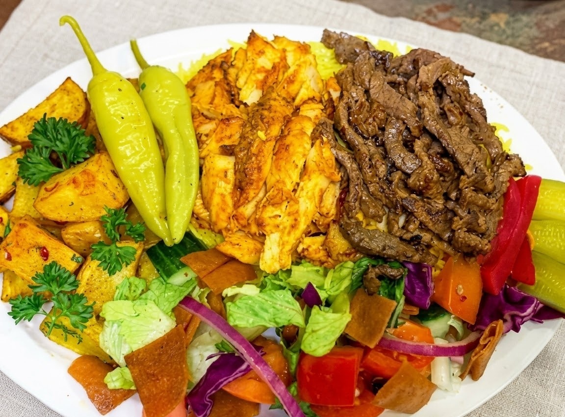 Mix shawarma platter with chicken and beef shawarma, rice, garlic potatoes and salad at Donair and Shawarma House Sherwood Park